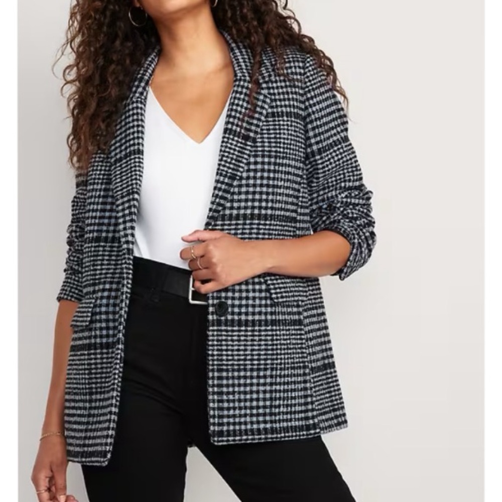 Old Navy Black Blue Plaid Tweed Two Button Soft-Brushed Oversized Blazer Jacket
